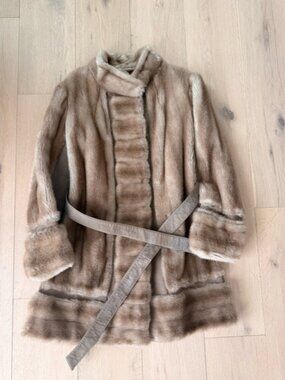 Vintage 70s Tissavel Faux Mink Fur Coat Belted Size 14 ILGWU Union Made leather